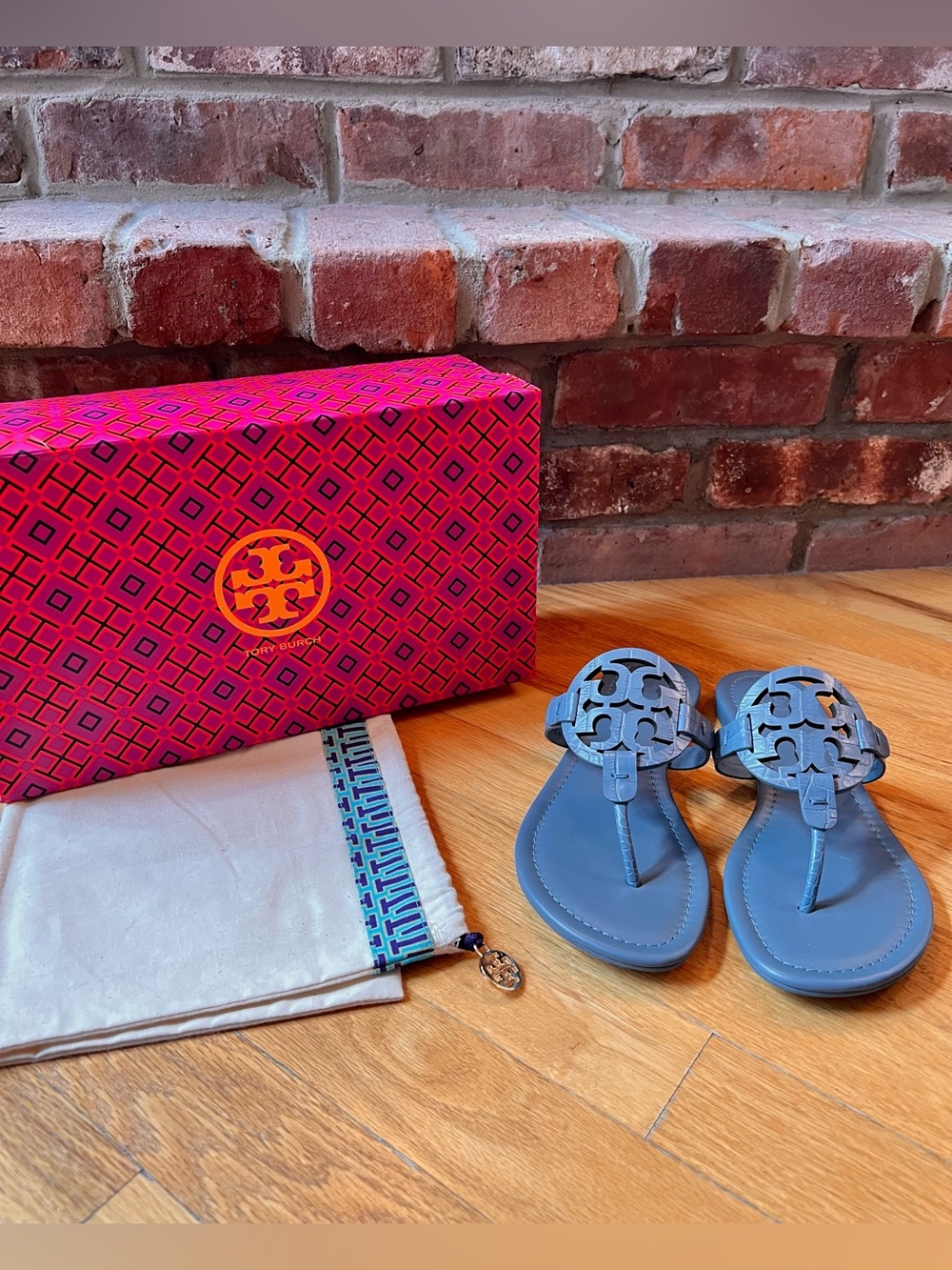 Tory Burch Blue Yonder Croc Embossed Leather Miller Sandals